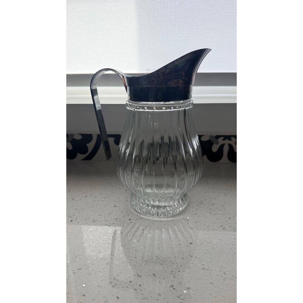 Vintage Ribbed Glass Pitcher Silver-Plated Handle, Italian Mid-Century Bar Decor
